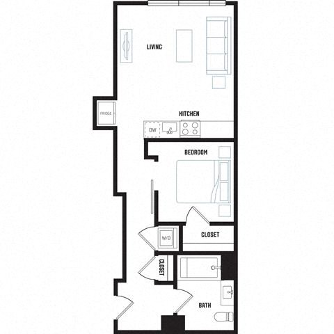 Floor plan for 1 bed, 1 bath, 544 sqft